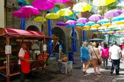 Street market with colourful umbrellas as canopy in Mauritius