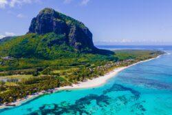 View of Mauritius from air showing beach and mountain