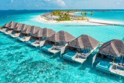 Villas on stilts on ocean in The Maldives