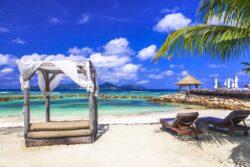 Seychelles beach with bed canopy on sand and views of ocean